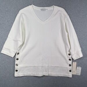 USA Made ONLY White 3/4 Sweater Sz Small Button Accent V Neck Thick Preppy